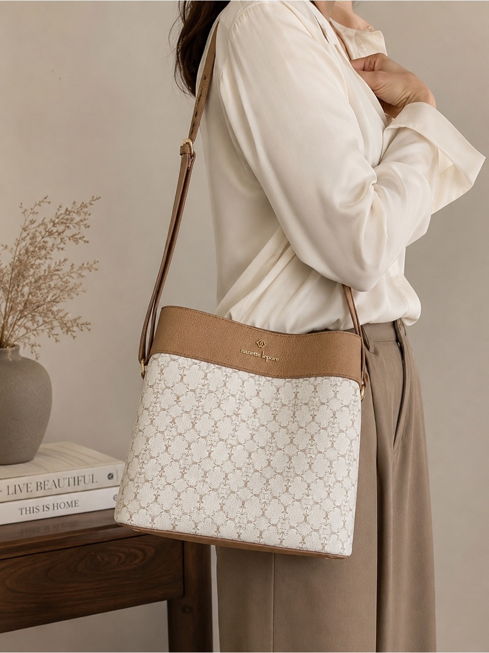 Tan & Cream Patterned Crossbody Shoulder Bag - Designer Style